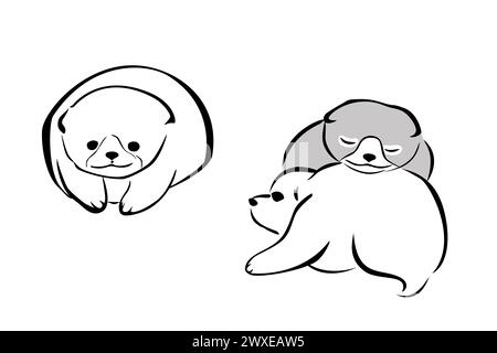 Tre cuccioli di cane Kishu, nello stile della pittura ad acquerello giapponese con ampie pennellate. Modellato su una stampa Woodblock del periodo Edo, 1802. Foto Stock