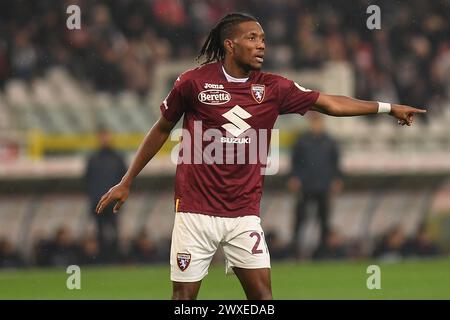 Torino, Italia. 30 marzo 2024. Il gesto di David Okereke del Torino durante la partita di calcio di serie A tra Torino e Monza allo Stadio Olimpico grande Torino di Torino - sabato 30 marzo 2024. Sport - calcio . (Foto di Alberto Gandolfo/LaPresse) credito: LaPresse/Alamy Live News Foto Stock