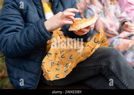 Mani di una giovane donna che mangia un hamburger in un parco Foto Stock