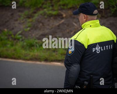 Amsterdam, Paesi Bassi, 30.03.2024, Vista posteriore dell'agente di polizia olandese in strada Foto Stock