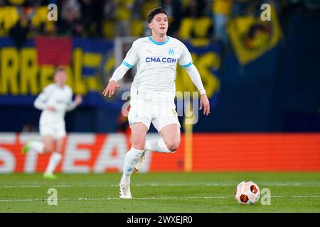 Villarreal, Spagna. 14 marzo 2024. Leonardo Balerdi dell'Olympique Marseille durante la partita di UEFA Europa League, turno del 16, andata e ritorno, tra Villarreal CF e Olimpique Marseille giocata allo Stadio la ceramica il 14 marzo 2024 a Villarreal, Spagna. (Foto di Sergio Ruiz/PRESSINPHOTO) credito: PRESSINPHOTO SPORTS AGENCY/Alamy Live News Foto Stock