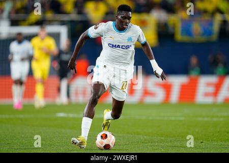 Villarreal, Spagna. 14 marzo 2024. Ismaila Sarr dell'Olympique Marseille durante la partita di UEFA Europa League, turno del 16, andata e ritorno, tra Villarreal CF e Olimpique Marseille giocata allo stadio la ceramica il 14 marzo 2024 a Villarreal, Spagna. (Foto di Sergio Ruiz/PRESSINPHOTO) credito: PRESSINPHOTO SPORTS AGENCY/Alamy Live News Foto Stock