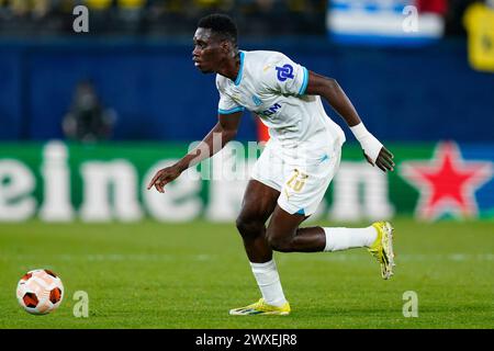 Villarreal, Spagna. 14 marzo 2024. Ismaila Sarr dell'Olympique Marseille durante la partita di UEFA Europa League, turno del 16, andata e ritorno, tra Villarreal CF e Olimpique Marseille giocata allo stadio la ceramica il 14 marzo 2024 a Villarreal, Spagna. (Foto di Sergio Ruiz/PRESSINPHOTO) credito: PRESSINPHOTO SPORTS AGENCY/Alamy Live News Foto Stock