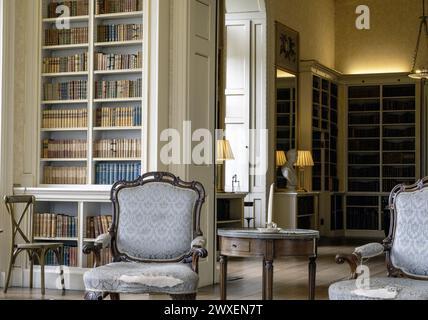 Powderham Castle, Kenton, Exeter, Devon, Inghilterra, Regno Unito - vista interna della grande biblioteca Foto Stock