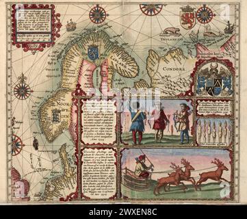 La mappa nordica di Linschoten, 1601. Mappa pittorica d'epoca della Norvegia e della regione dell'Oceano Artico. Mappa stampata e colorata a mano nel diario di viaggio Voyage di Linschoten, spesso Schip-Vaert, che si occupa delle spedizioni di Willem Barent nelle regioni settentrionali. Foto Stock