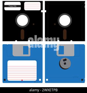 Set di dischi floppy in entrambe le versioni da 3,5 e 5,25 pollici, spazio di archiviazione su floppy disk da 3 ½ e 5,25, supporti di archiviazione retro Illustrazione Vettoriale