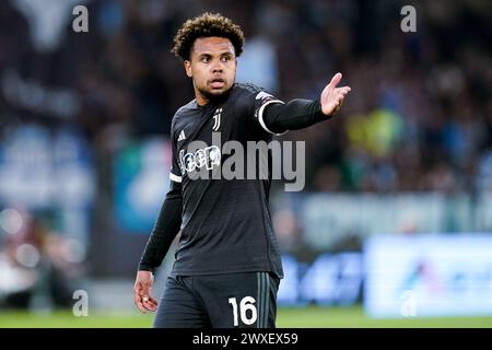 Roma, Italia. 30 marzo 2024. Weston McKennie della Juventus FC gesti durante la partita di serie A TIM tra SS Lazio e Juventus FC allo Stadio Olimpico il 30 marzo 2024 a Roma. Crediti: Giuseppe Maffia/Alamy Live News Foto Stock