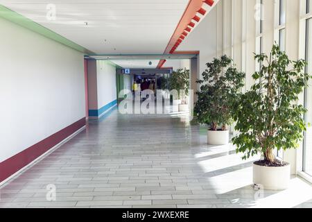 Lungo e luminoso corridoio con grandi finestre e piante verdi nell'ospedale di Herlev. Copenaghen, Danimarca Foto Stock