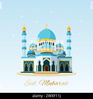 EID Mubarak. Biglietto d'auguri con moschea islamica. Illustrazione Vettoriale