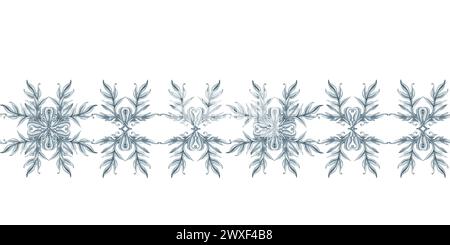 Acquerello floreale grigio monocromatico motivo orizzontale senza cuciture con rami e foglie per un elegante design vintage, modello, striscione, adesivo, tatuaggio, Foto Stock