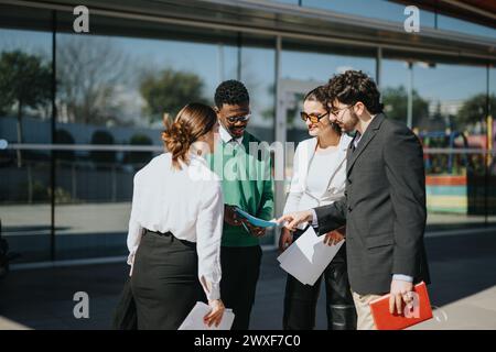 Diversi gruppi di colleghi d'affari discutono di progetti in un ambiente urbano urbano in una giornata di sole Foto Stock