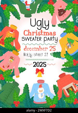 brutto invito alla festa con maglione. Maglioni invernali di Natale dal design ridicolo, atmosfera fai da te. Illustrazione Vettoriale