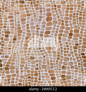 Rettile astratto a coccodrillo scala marrone e bianco sfondo senza cuciture ad acquerello. Stampa a mosaico in scala di pelle di animali disegnata a mano con acquerello. Geometrico t Foto Stock
