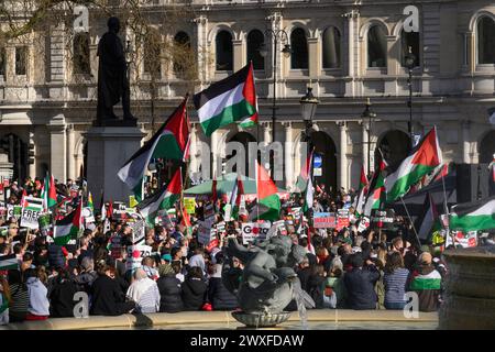 Un raduno di manifestanti pro-palestinesi in piazza Trafalgar, che chiede il cessate il fuoco dell'offensiva militare in corso a Gaza da parte delle forze di difesa israeliane. Foto Stock