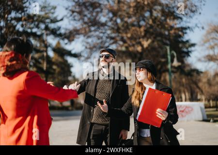 Team diversificato di professionisti che discutono progetti nel soleggiato parco invernale. Foto Stock