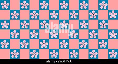 Motivo senza cuciture con fiori rosa sakura o ciliegio in fiore su sfondo rosa e blu a quadri, illustrazione vettoriale in stile doodle Illustrazione Vettoriale