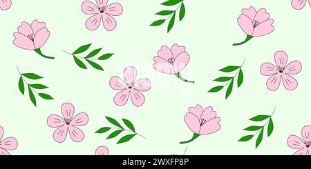 Motivo senza cuciture con fiori e rami rosa sakura o ciliegi in fiore, su illustrazione vettoriale verde in stile doodle Illustrazione Vettoriale