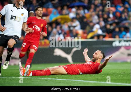 Valencia, Spagna. 30 marzo 2024. Vedat Muriqi dell'RCD Mallorca in azione durante la Liga EA Sport Regular Season Round 30 il 29 marzo 2024 allo stadio Mestalla (Valencia, la Liga EA Sport Regular Season Round 30 il 29 marzo 2024). 30/3/24 Punteggio finale: Valencia CF 0 : 0 RCD Mallorca German Vidal Ponce (foto di German Vidal/Sipa USA) crediti: SIPA USA/Alamy Live News Foto Stock