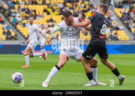 Wellington, nuova Zelanda. 31sr marzo 2024. A-League - Wellington Phoenix vs. Brisbane Roar. Domenica 31 marzo 2024. Il centrocampista del Wellington Phoenix Ben Old tenta di saltare la sfida del difensore del Brisbane Roar Thomas Aldred durante la partita di A-League tra Wellington Phoenix e Brisbane Roar. Crediti: James Foy/Alamy Live News Foto Stock