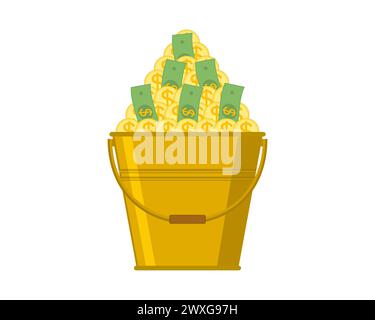 Un secchio d'oro con dentro una grossa pila di soldi. Illustrazione vettoriale con dollari di carta in un secchio su sfondo bianco. Illustrazione Vettoriale