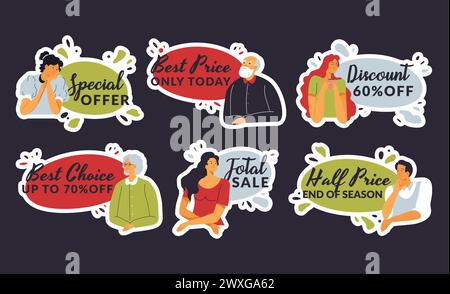 Set di adesivi con carattere piatto Illustrazione Vettoriale