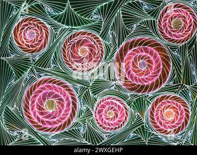 Sette rose luminose su uno sfondo astratto verde di foglie. La tecnica di taglio vicino ai bordi offre un effetto di messa a fuoco morbido a causa del surfac alterato Foto Stock