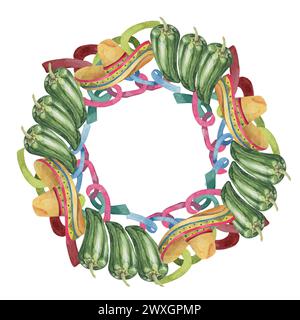 Telaio a corona tonda con elementi messicani per Cinco de Mayo. Jalapano, sombrero e acquerello a serpentina disegnati a mano. Disegna in cerchio per Foto Stock