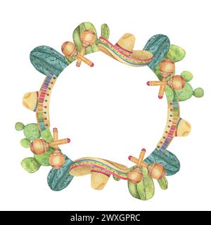 Telaio a corona tonda con elementi messicani per Cinco de Mayo. Cactus disegnati a mano, maracas, acquerello sombrero. Progettare in forma circolare per CA Foto Stock