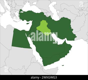 Mappa verde chiaro DELL'IRAQ all'interno evidenziata mappa verde scuro del Medio Oriente Illustrazione Vettoriale