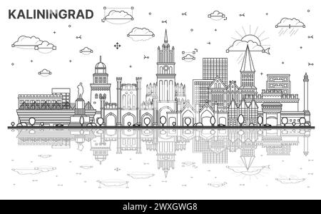 Delinea lo skyline della città di Kaliningrad in Russia con edifici moderni e storici con riflessi isolati sul bianco. Illustrazione vettoriale. Illustrazione Vettoriale