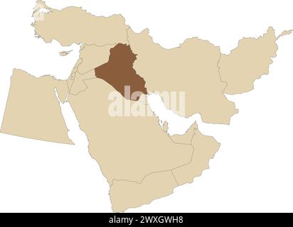 Mappa marrone scuro DELL'IRAQ all'interno della mappa marrone chiaro del Medio Oriente Illustrazione Vettoriale