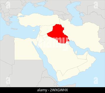 Mappa rossa DELL'IRAQ all'interno mappa beige evidenziata del Medio Oriente Illustrazione Vettoriale