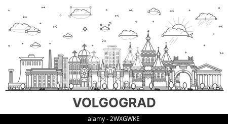 Delinea lo skyline della città di Volgograd Russia con edifici moderni e storici isolati di bianco. Illustrazione vettoriale. Paesaggio urbano di Volgograd con monumenti storici. Illustrazione Vettoriale