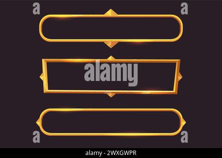 Imposta il menu cornice fantasy Golden, pannello di ingresso del gioco isolato su sfondo scuro. Decorazioni dorate lucide al confine medievale. Illustrazione vettoriale Illustrazione Vettoriale