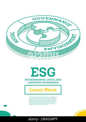 ESG concetto di ambiente, sociale e Governance. Illustrazione vettoriale. Sviluppo sostenibile. Concetto di contorno isometrico. Colore verde. Illustrazione Vettoriale