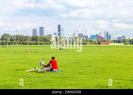 Hackney Marshes con vista sui grattacieli di Stratford, Londra, Inghilterra Foto Stock