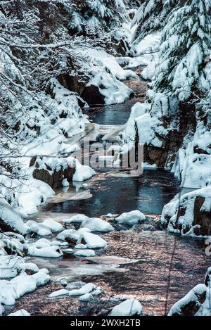 Fiume Pattack nelle Highlands scozzesi, con rocce innevate e alberi su entrambi i lati Foto Stock