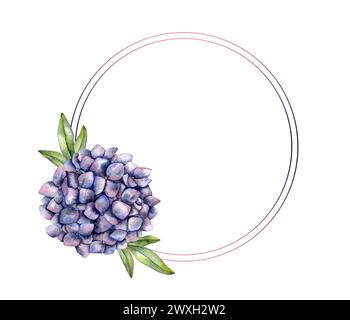 Cornice ad acquerello disegnata a mano con ortensie. Composizione floreale per decorazione e design Foto Stock