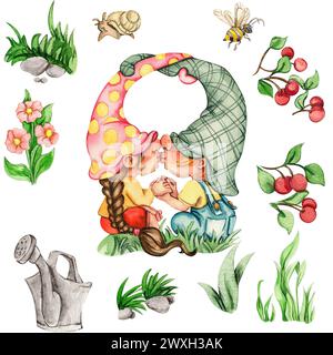 Acquerello simpatici gnomi nordici disegnati a mano, gnomi scandinavi e fiori e foglie illustrazione acquerello. Design per la festa della baby shower, il compleanno, Foto Stock