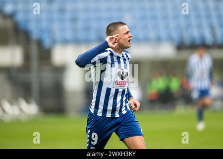 Esbjerg, Danimarca. 28 marzo 2024. Elias Sorensen (9) di Esbjerg FB segna durante il 2. Division match tra Esbjerg FB e FC Roskilde al Blue Water Arena Esbjerg. (Foto: Gonzales Photo - Frederikke Jensen). Foto Stock