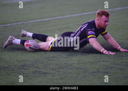 Newcastle upon Tyne, 30 marzo 2024. Alex Donaghy ha segnato una meta per il Newcastle Thunder durante la partita di League 1 contro il Workington Town a Kingston Park. Credito: Colin Edwards Foto Stock