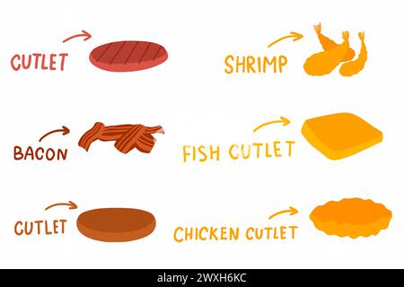 Collezione di cotolette fritte per hamburger e sandwich in stile piatto a cartoni animati disegnati a mano. Cotolette di manzo, maiale, pollo, pesce, gamberi e pancetta. Illu vettoriale Illustrazione Vettoriale