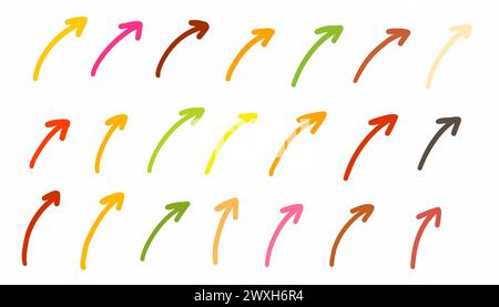 Doodle Arrows Pointers icons Collection disegnata a mano, semplice e piatta, in stile scarabeo e alla moda, in diversi colori. Illustrazione infografica vettoriale isolata Illustrazione Vettoriale