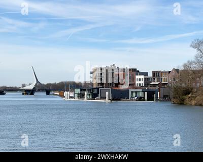 il pittoresco panorama si dispiega sul fiume, catturando il ponte Prins Clausbrug e lo sviluppo abitativo di Stadswerven a Dordrecht, che rappresenta la quintessenza Foto Stock