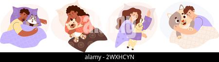 Collezione persone addormentate con peluche. Uomo e donna etnico nero e dalla pelle leggera con peluche. Tempo rilassati. Personaggi carini isolati in fl Illustrazione Vettoriale