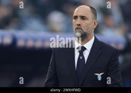 L'allenatore croato della Lazio Igor Tudor gesticola durante la partita di calcio di serie A tra SS Lazio e Juventus allo Stadio Olimpico Roma, centro Italia, il 30 marzo 2024. Foto Stock