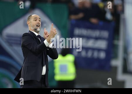 L'allenatore croato della Lazio Igor Tudor gesticola durante la partita di calcio di serie A tra SS Lazio e Juventus allo Stadio Olimpico Roma, centro Italia, il 30 marzo 2024. Foto Stock