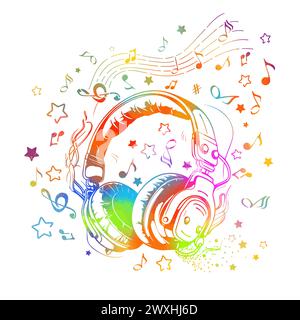 Design musicale. Musica a colori astratta. Cuffie e note. Stampa di T-shirt. disegno a mano. Non IA. Illustrazione vettoriale Illustrazione Vettoriale