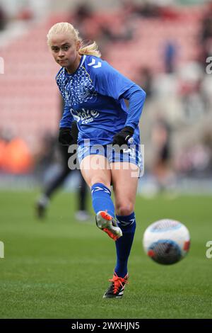 Leigh, Regno Unito. 31 marzo 2024. Leigh, Regno Unito. 31 marzo 2024. Manchester United Women contro Everton Women's Super League. Katherine Kuhl di Everton durante la partita di Super League femminile tra Manchester United e Everton al Leigh Sports Village il 31 marzo 2024 a Leigh, Inghilterra. Crediti: ALAN EDWARDS/Alamy Live News Foto Stock