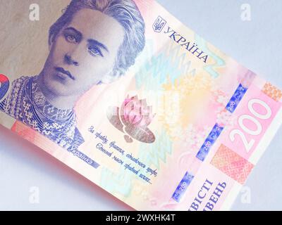 Nota Ucraina 200 hryvnia; volto; testo e disegni ornati visibili. Foto Stock